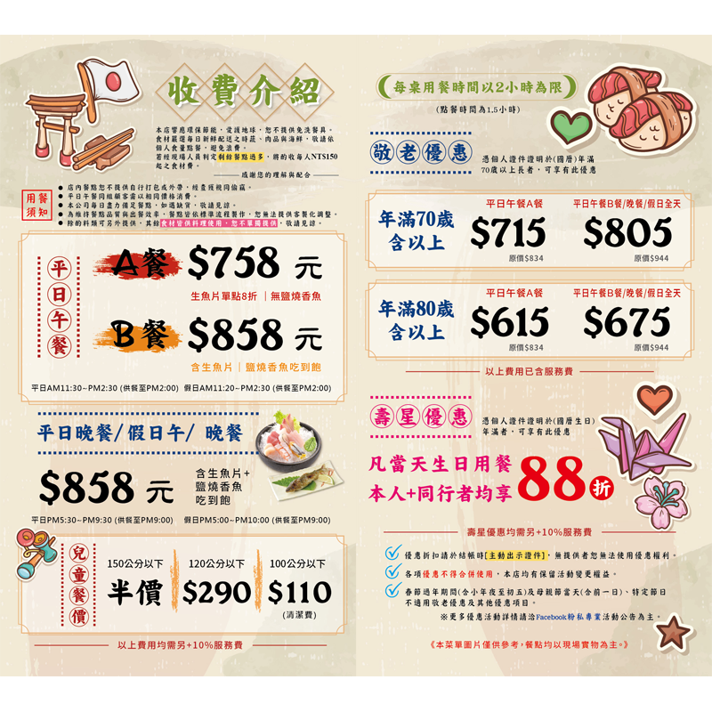 精緻餐點吃到飽、收費標準、用餐需知、每桌用餐時間為二小時<br>
平日午餐A餐 758+10%(無生魚片、香魚)
平日午餐B餐 858+10%(生魚片、香魚吃到飽)

平日晚餐及假日午晚餐 858+10% 均價

※敬老優惠<br>
​•年齡70歲以上: ​平日午餐$715 /晚餐及假日全天候$805<br>
​•年齡80歲以上: ​平日午餐$615 /晚餐及假日全天候$675<br>

​​※壽星優惠​凡於國曆生日，結帳時出示有照片之證件即可享優惠<br>
​•當日壽星:可享總消費金額(壽星+同行的人)全部88折優惠<br>

◎優惠折扣請於結帳時[主動出示證件]，無提供者恕無法使用優惠權利。<br>
◎各項優惠不得合併使用，本店均有保留活動變更權益。<br>
◎春節過年期間(含小年夜至初五)及母親節當天(含前一日)、特定節日不適用敬老優惠及其他優惠項目。<br>